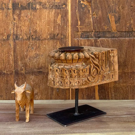 Vintage Hand-Carved Wooden Candle Holder on Iron Stand