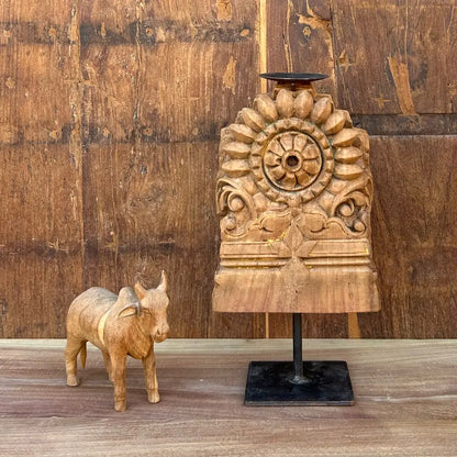 Vintage Hand-Carved Wooden Candle Holder on Iron Stand