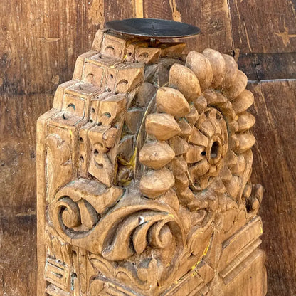 Vintage Hand-Carved Wooden Candle Holder on Iron Stand