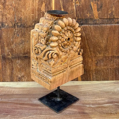 Vintage Hand-Carved Wooden Candle Holder on Iron Stand