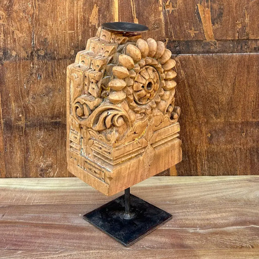 Vintage Hand-Carved Wooden Candle Holder on Iron Stand