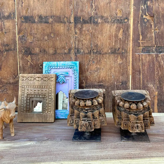 Set of 2 Vintage Hand-Carved Wooden Bracket Candle Holders | Antique Décor