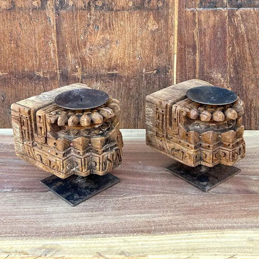 Set of 2 Vintage Hand-Carved Wooden Bracket Candle Holders | Antique Décor