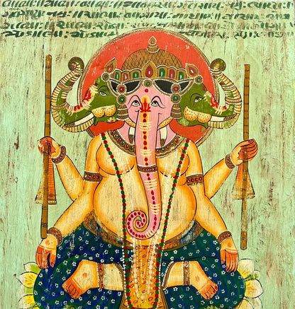 Handcrafted Wooden Wall Painting of Lord Ganesha – Traditional Vintage Style
