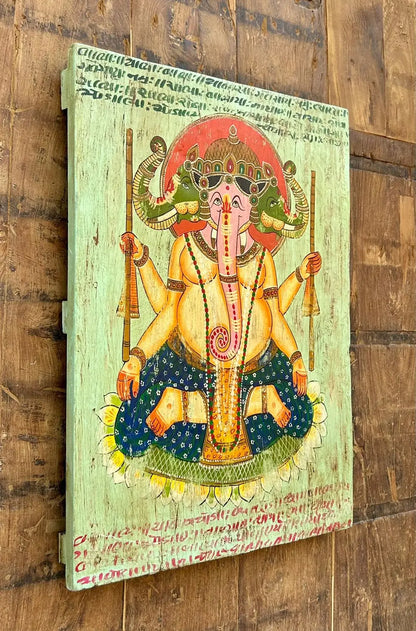 Handcrafted Wooden Wall Painting of Lord Ganesha – Traditional Vintage Style