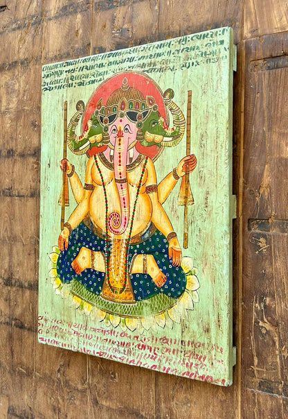 Handcrafted Wooden Wall Painting of Lord Ganesha – Traditional Vintage Style