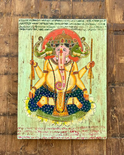 Handcrafted Wooden Wall Painting of Lord Ganesha – Traditional Vintage Style