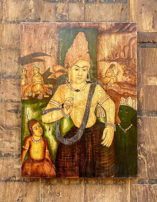 Hand-Painted Vintage-Style Wooden Mural – Bodhisattva & Celestial Figures