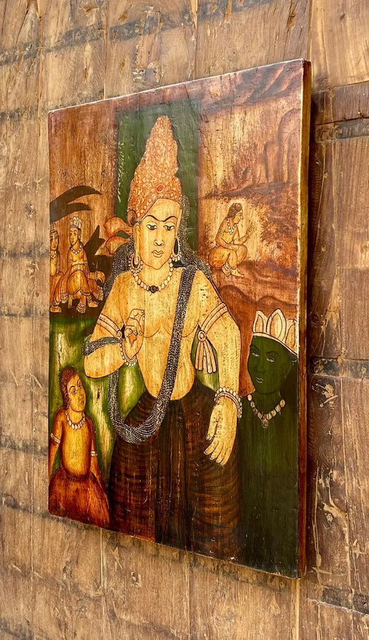 Hand-Painted Vintage-Style Wooden Mural – Bodhisattva & Celestial Figures