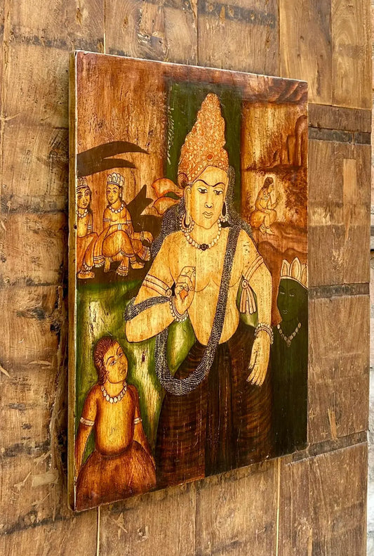 Hand-Painted Vintage-Style Wooden Mural – Bodhisattva & Celestial Figures