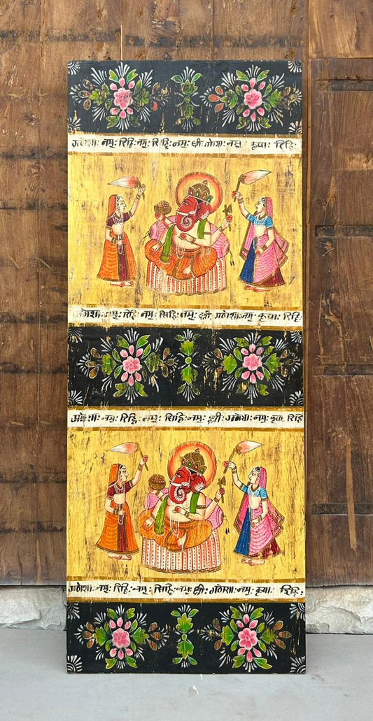 Hand-Painted Vintage Lord Ganesha Wall Panel on Reclaimed Wood