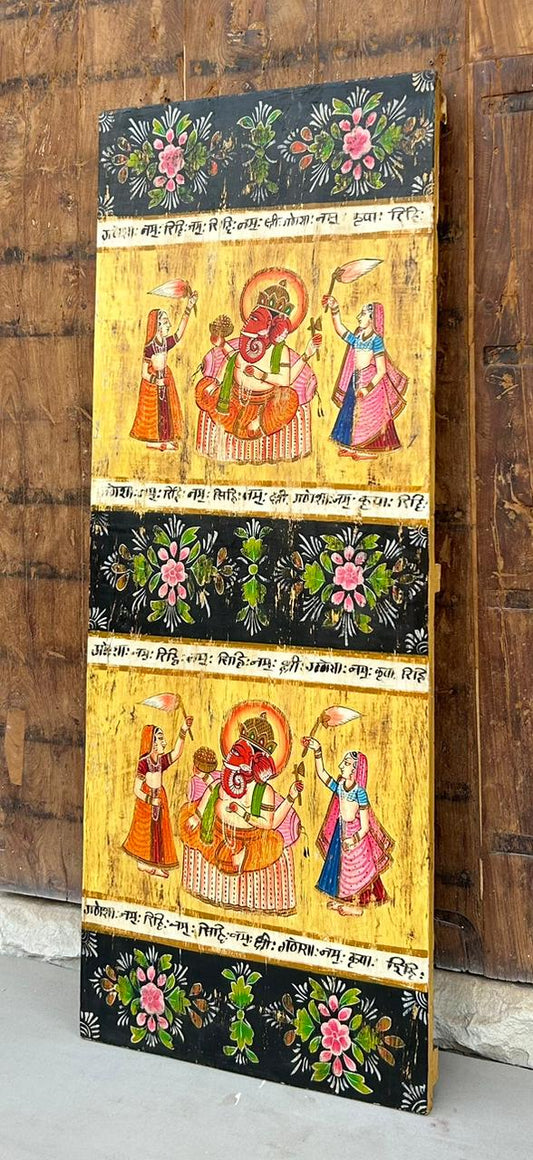 Hand-Painted Vintage Lord Ganesha Wall Panel on Reclaimed Wood