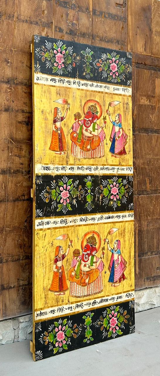 hand-painted vintage lord ganesha wall panel on reclaimed wood
