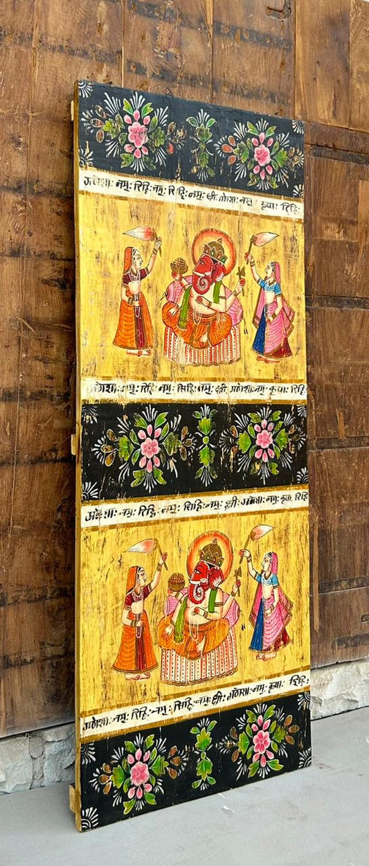 Hand-Painted Vintage Lord Ganesha Wall Panel on Reclaimed Wood
