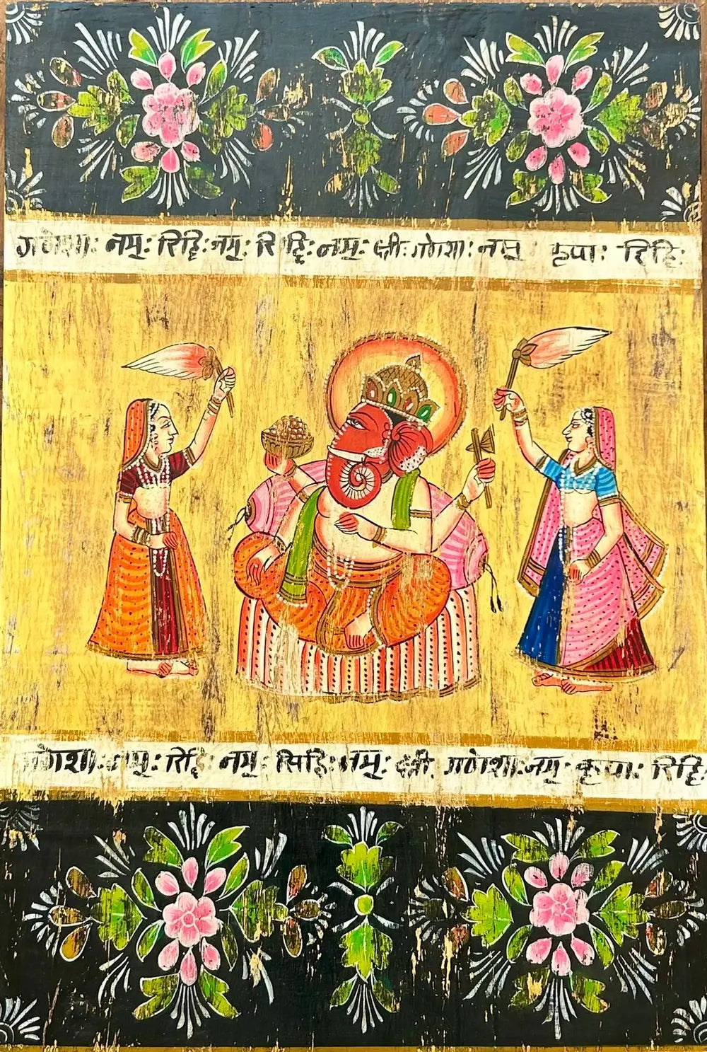 hand-painted vintage lord ganesha wall panel on reclaimed wood