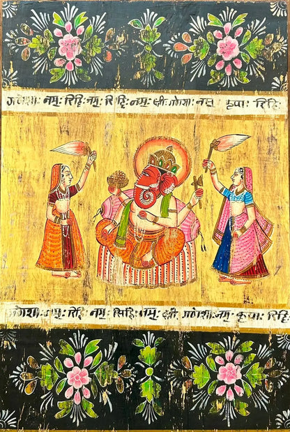 Hand-Painted Vintage Lord Ganesha Wall Panel on Reclaimed Wood