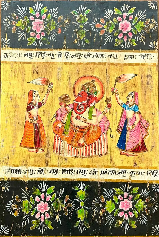 Hand-Painted Vintage Lord Ganesha Wall Panel on Reclaimed Wood