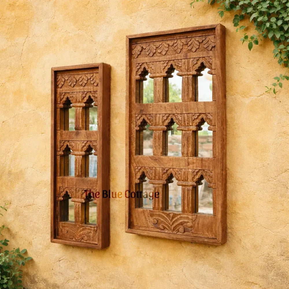 hand-carved wooden jharokha wall mirror frame – traditional indian window style wall decor