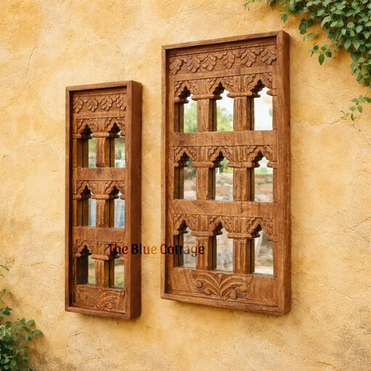 Hand-Carved Wooden Jharokha Wall Mirror Frame – Traditional Indian Window Style Wall Decor