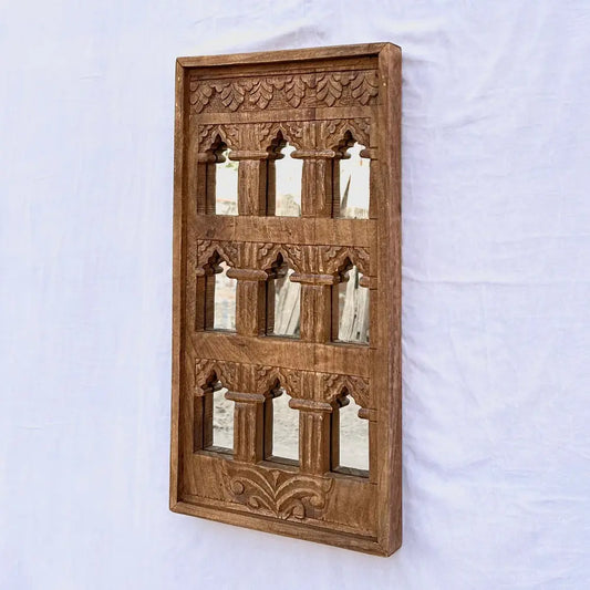Hand-Carved Wooden Jharokha Wall Mirror Frame – Traditional Indian Window Style Wall Decor