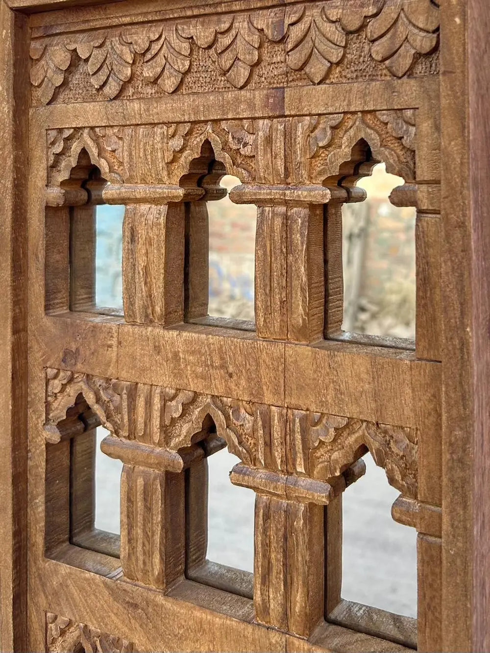 hand-carved wooden jharokha wall mirror frame – traditional indian window style wall decor