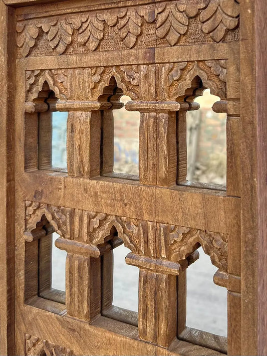 Hand-Carved Wooden Jharokha Wall Mirror Frame – Traditional Indian Window Style Wall Decor