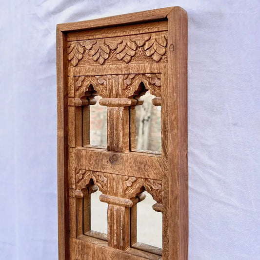 Hand-Carved Wooden Jharokha Wall Mirror Frame – Traditional Indian Window Style Wall Decor