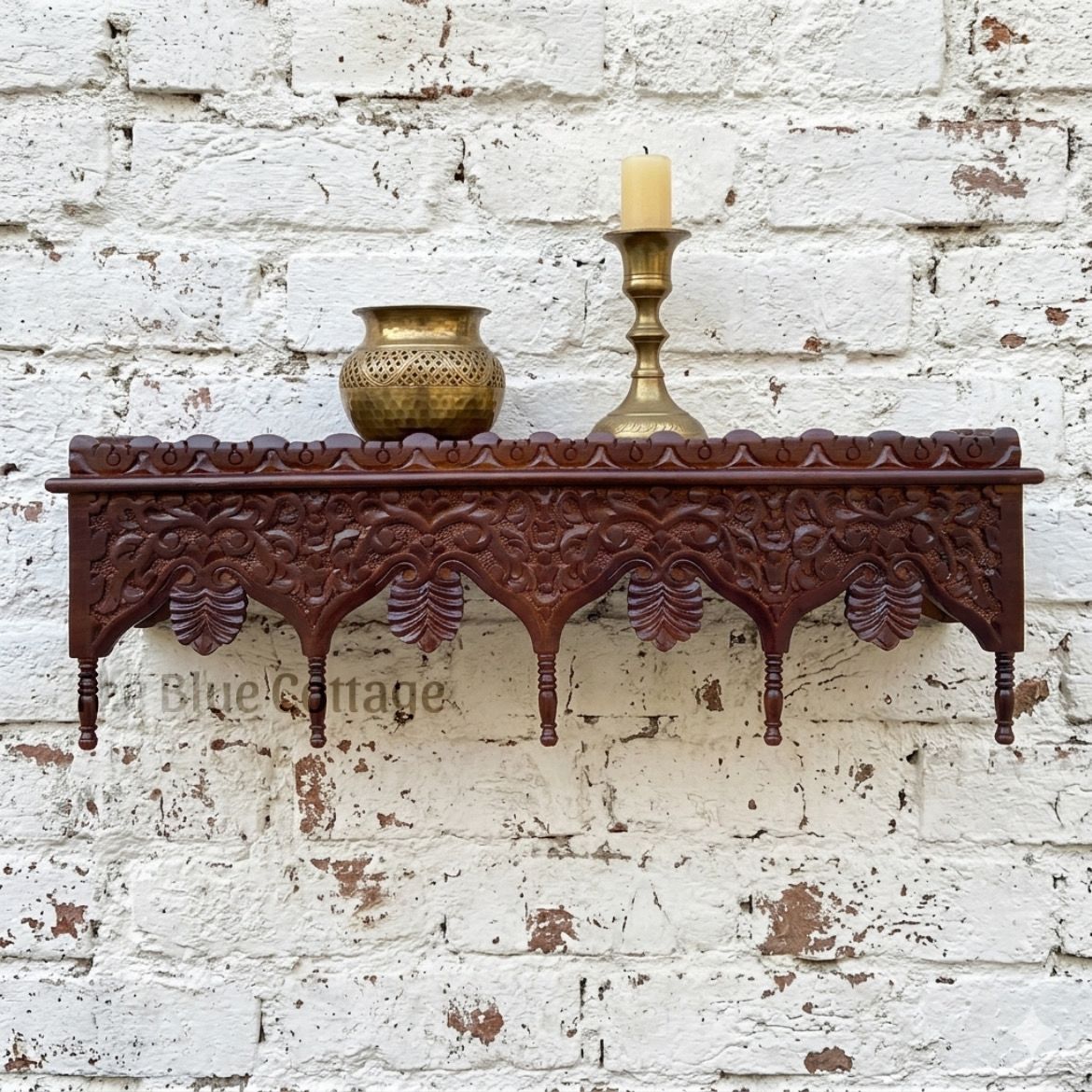 handcrafted indian mango wood carved wall shelf