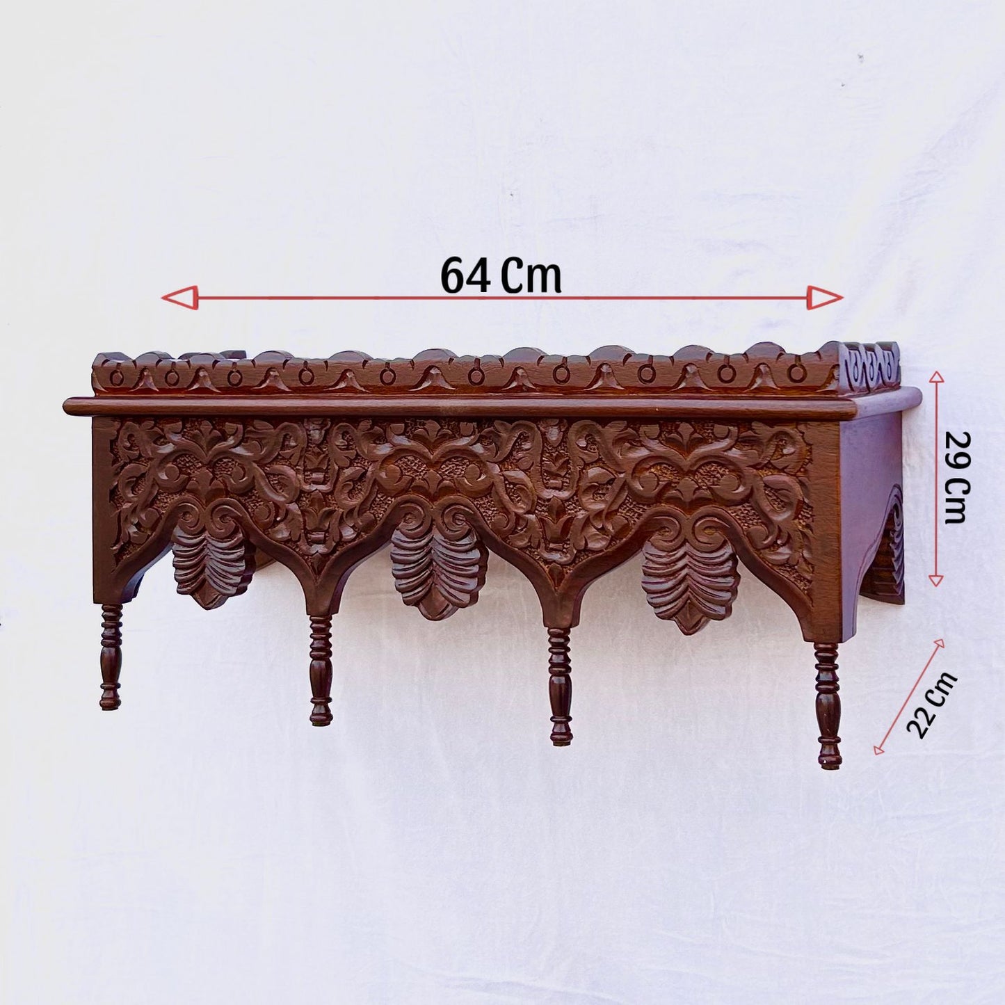 hand-carved mango wood wall shelf - honey finish floral decorative floating shelf