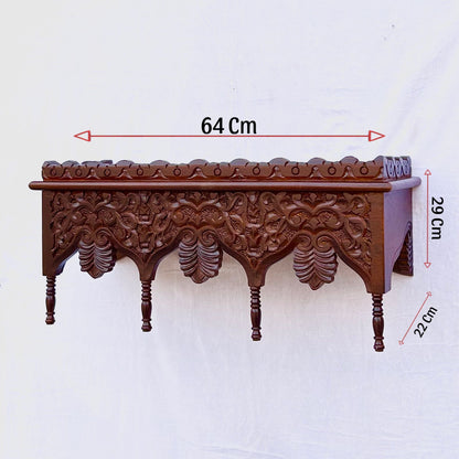 Hand-Carved Mango Wood Wall Shelf - Honey Finish Floral Decorative Floating Shelf