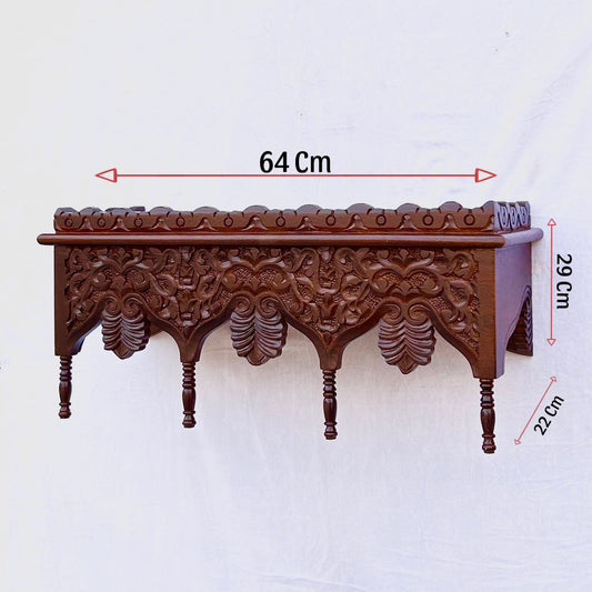 Hand-Carved Mango Wood Wall Shelf - Honey Finish Floral Decorative Floating Shelf