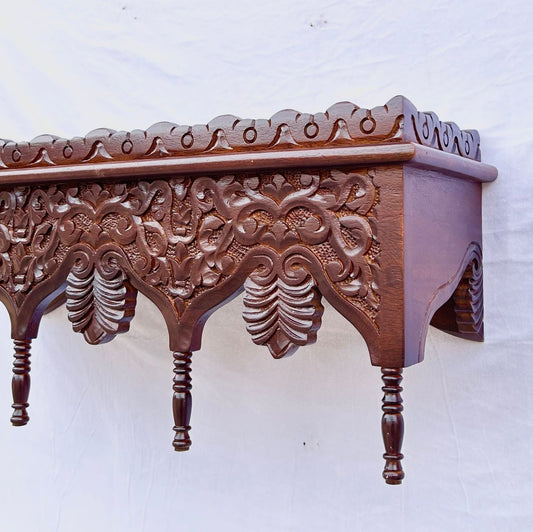 Hand-Carved Mango Wood Wall Shelf - Honey Finish Floral Decorative Floating Shelf