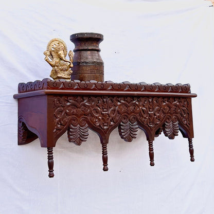Hand-Carved Mango Wood Wall Shelf - Honey Finish Floral Decorative Floating Shelf