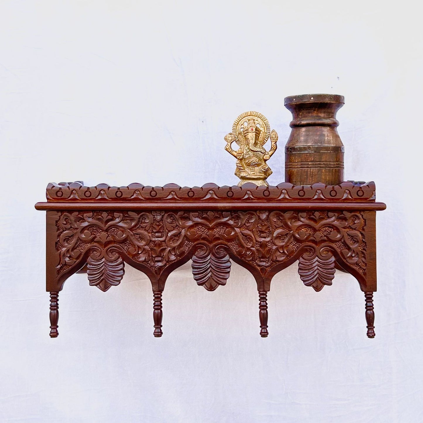 hand-carved mango wood wall shelf - honey finish floral decorative floating shelf