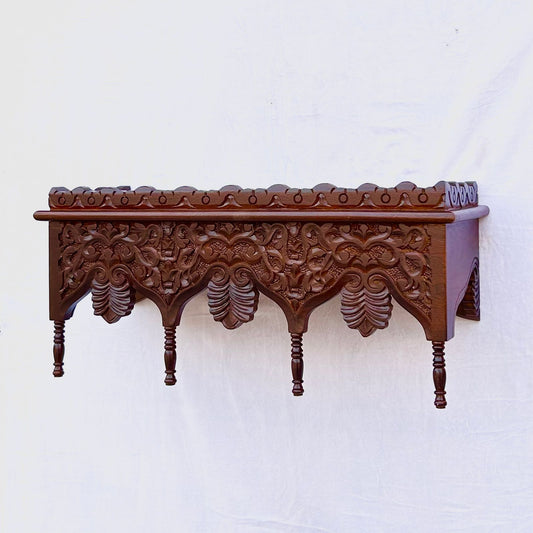 Hand-Carved Mango Wood Wall Shelf - Honey Finish Floral Decorative Floating Shelf