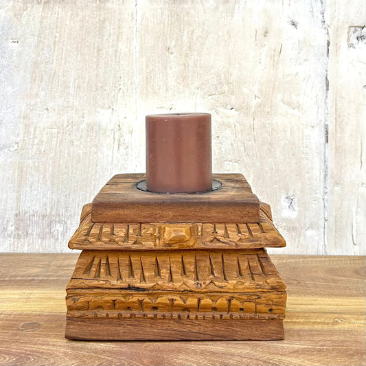 Hand-Carved Reclaimed Wood Piller Base Candle Holder