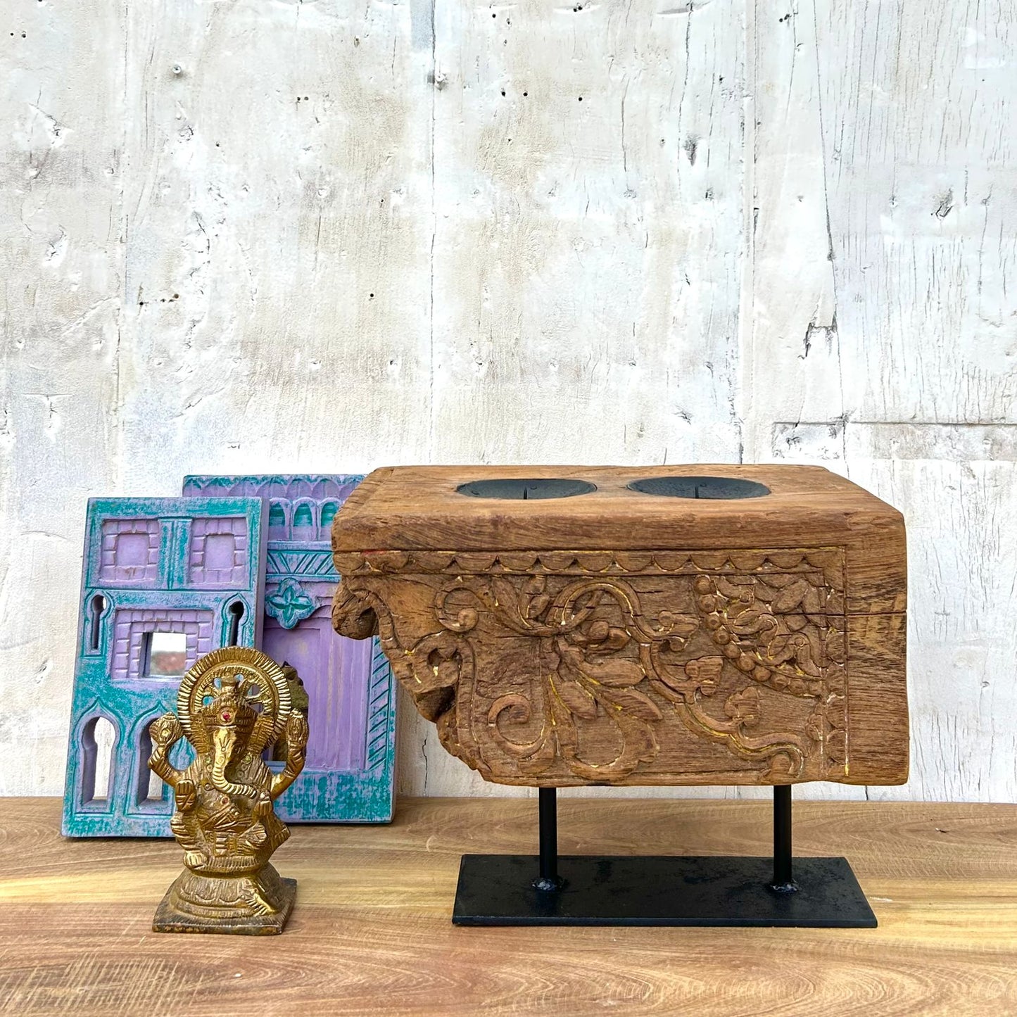 rustic hand-carved dual candle holder