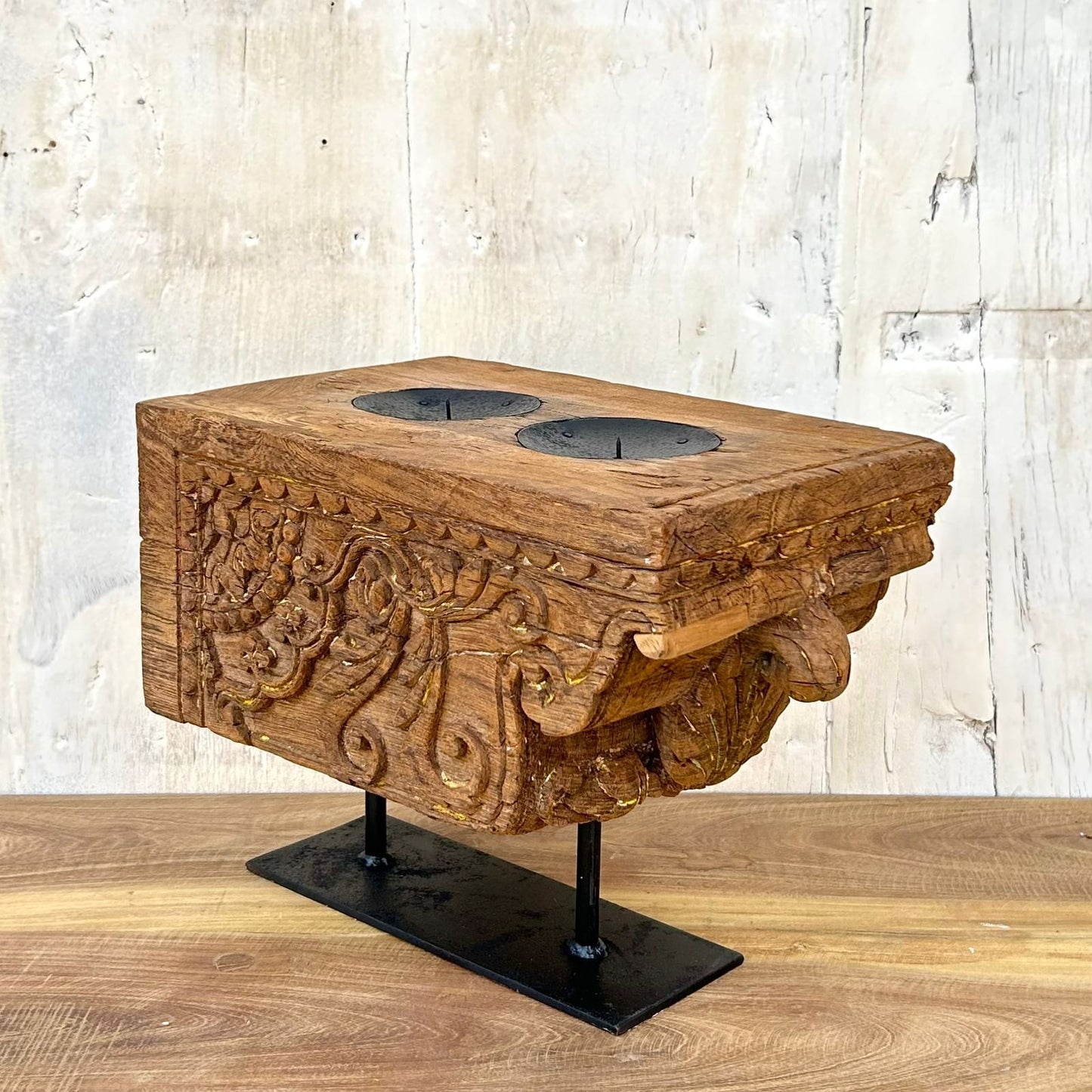 rustic hand-carved dual candle holder