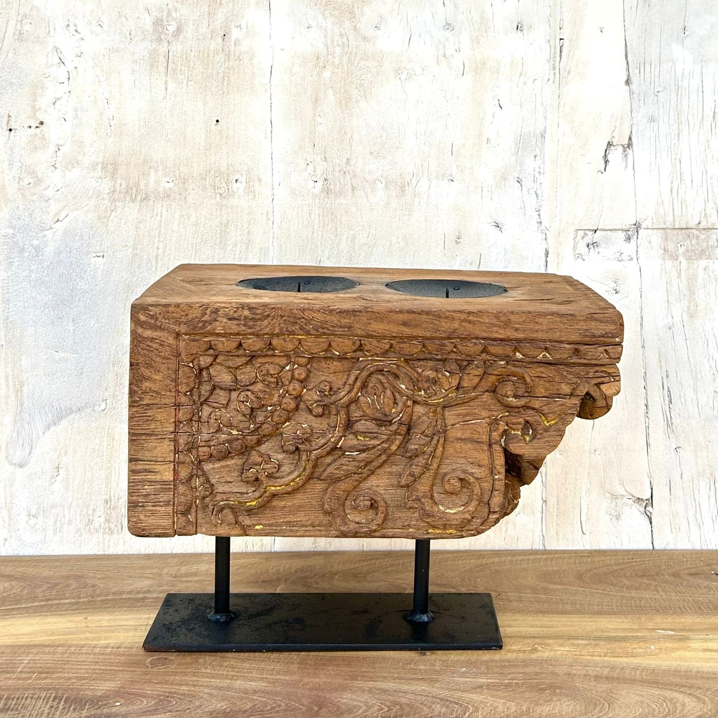 rustic hand-carved dual candle holder