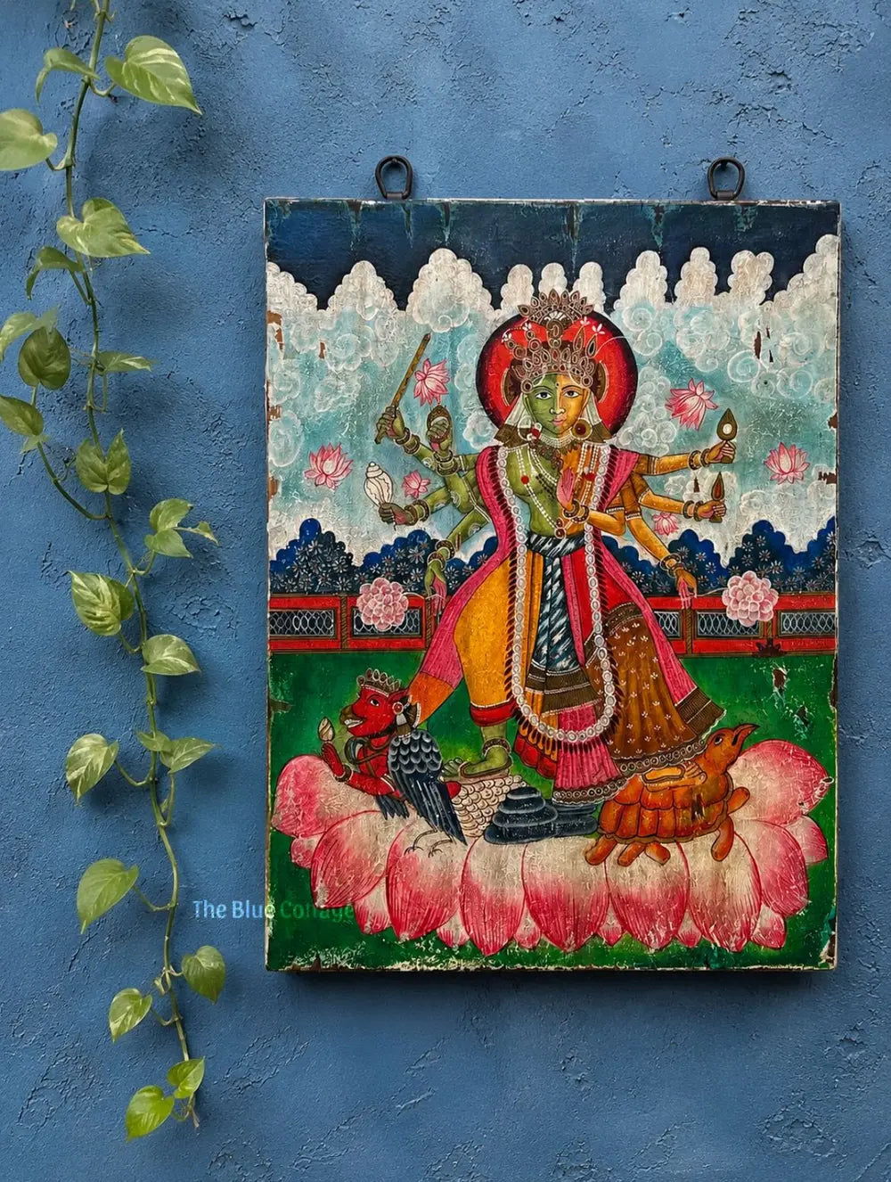 hand-painted lakshmi-vishnu ardh swaroop vintage style wooden wall art
