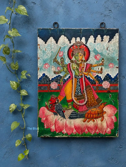 Hand-Painted Lakshmi-Vishnu Ardh Swaroop Vintage Style Wooden Wall Art
