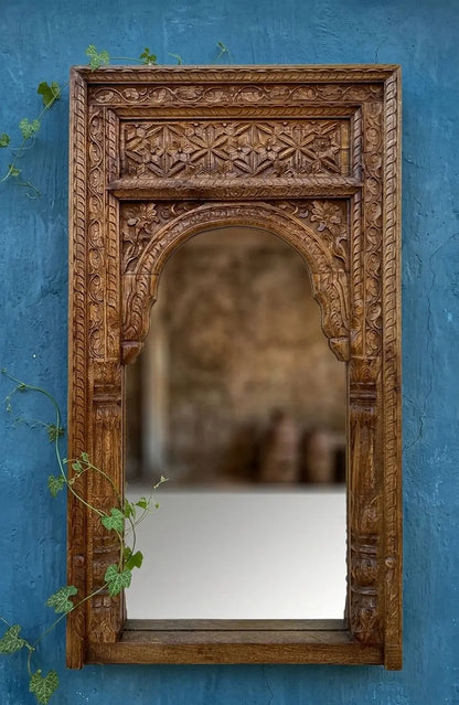 Hand-Carved Wooden Jharokha Mirror Frame in Natural Brown Finish