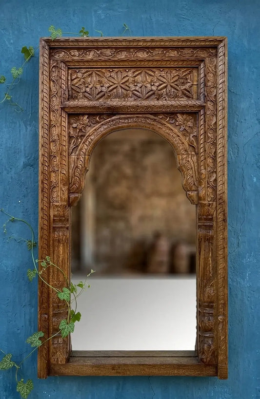 Hand-Carved Wooden Jharokha Mirror Frame in Natural Brown Finish