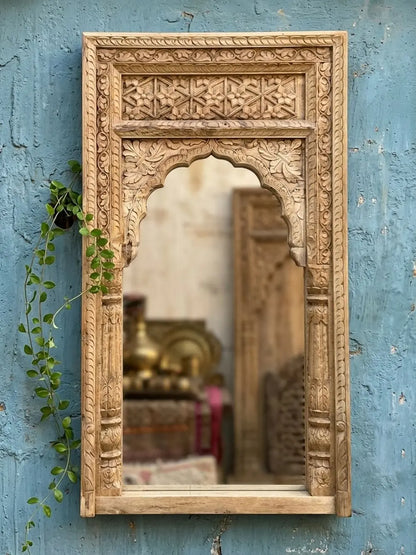 Hand-Carved Vintage Wooden Mirror Jharokha Frame - Bleached Finish