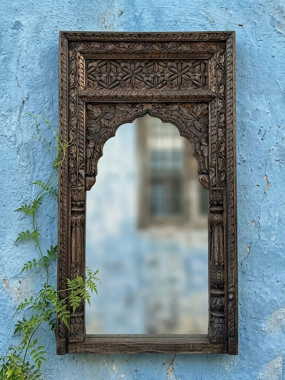 the heritage arch: vintage-style distress black wooden jharokha