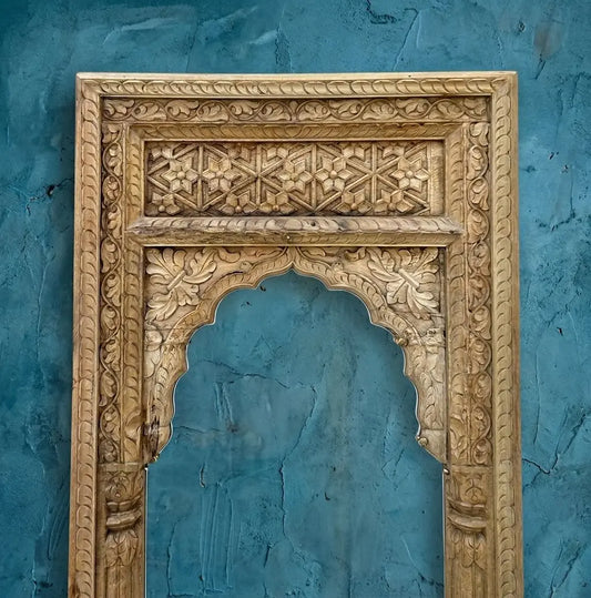 Hand-Carved Vintage Wooden Mirror Jharokha Frame - Bleached Finish