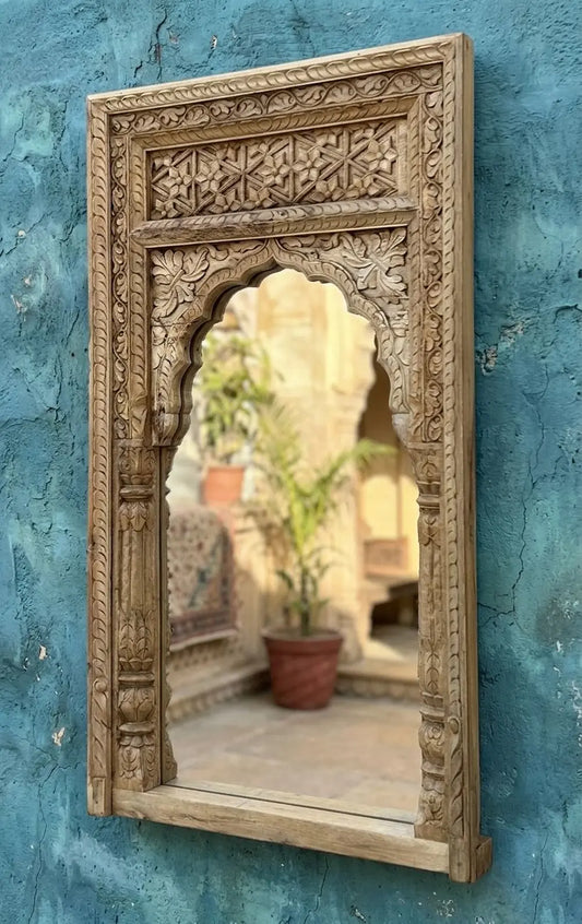 Hand-Carved Vintage Wooden Mirror Jharokha Frame - Bleached Finish