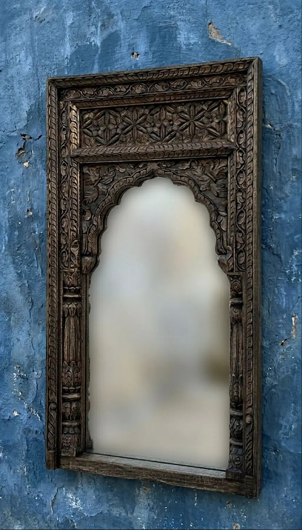 the heritage arch: vintage-style distress black wooden jharokha