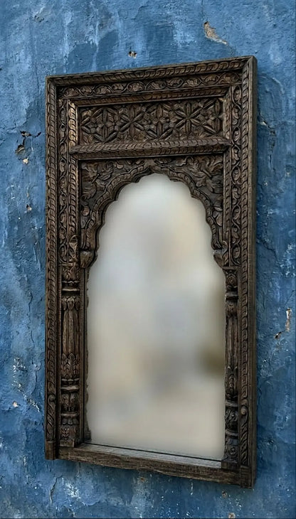 The Heritage Arch: Vintage-Style Distress Black Wooden Jharokha