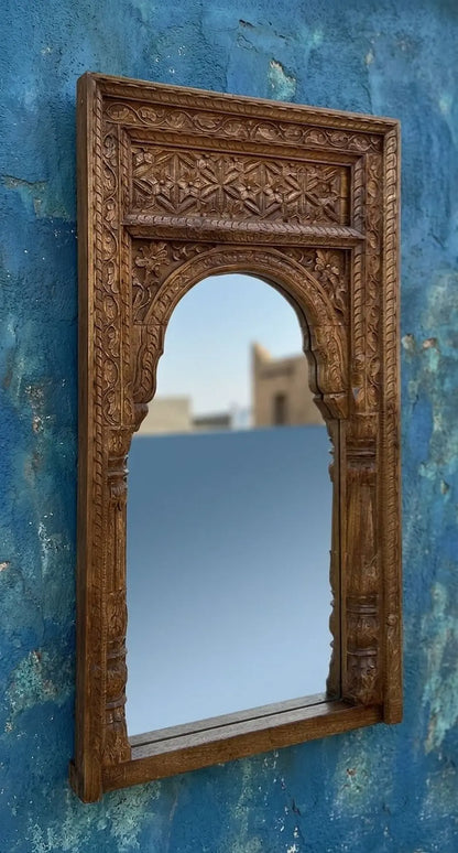 Hand-Carved Wooden Jharokha Mirror Frame in Natural Brown Finish